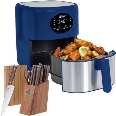 Deco Chef 3.7QT Digital Air Fryer + 6 Cooking Presets, Blue + Deco Chef 16-Piece Knife Set