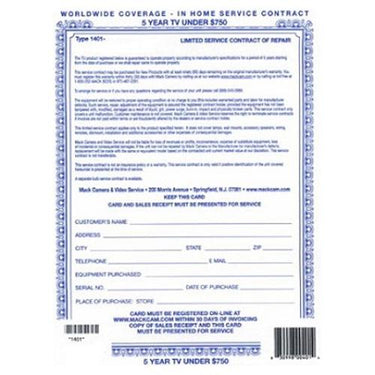 Mack 5 Year Warranty Certificate for TV Priced up to $750 (1401)