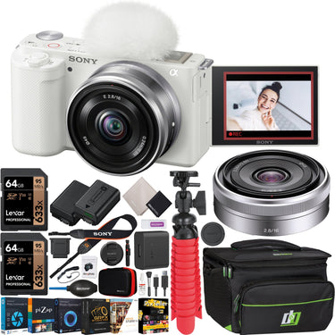 Sony ZV-E10 Mirrorless Alpha APS-C Vlog Camera Body + 16mm F2.8 Lens White Bundle