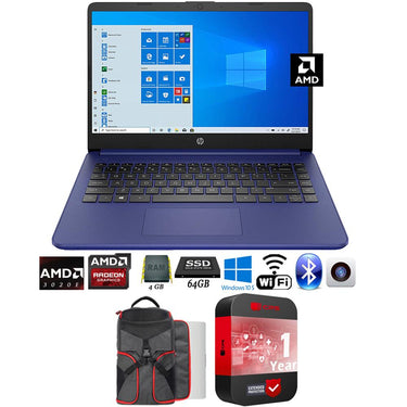 HP 14" HD PC Laptop, AMD 3020e, 4GB/64GB Blue (14-fq0010nr) + Backpack Bundle