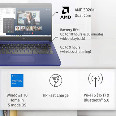 HP 14" HD PC Laptop, AMD 3020e, 4GB/64GB Blue (14-fq0010nr) + Backpack Bundle