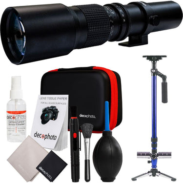 Deco Photo Universal 500mm Preset Telephoto Lens for T-Mount Bundle with 59" Stabilizer