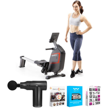 Marcy Foldable Regenerating Rowing Machine, Adjustable Resistance + Massage Gun Bundle