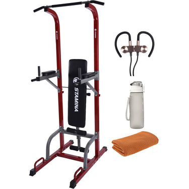 Stamina Full Body Power Tower with Upholstered Bench with Earbuds Bundle