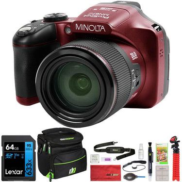 Minolta 20MP HD Bridge Digital Camera w/ 67x Optical Zoom Red + 64GB Card & Bag