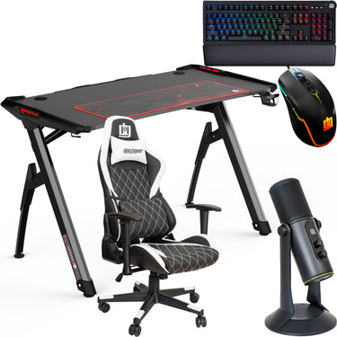 Deco Gear 47" LED Gaming Desk, White Chair, Streaming Mic, RGB Mouse, Mechanical Keyboard