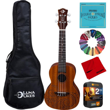 Luna Tattoo Concert Mahogany Ukulele w/ Gig Bag Satin Natural + Equipment Bundle