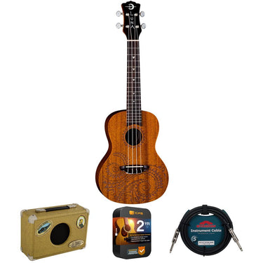 Luna Tattoo Concert Mahogany Ukulele, Satin Natural w/ Amplifier + Warranty Bundle