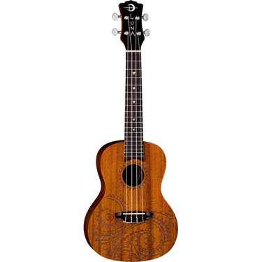 Luna Tattoo Concert Mahogany Ukulele, Satin Natural w/ Amplifier + Warranty Bundle