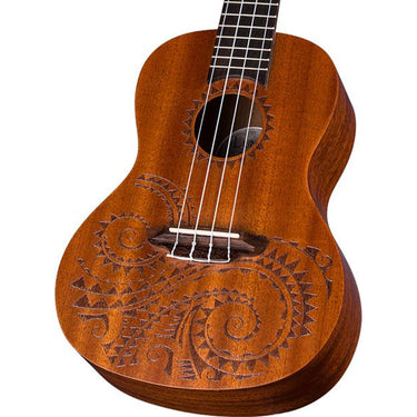 Luna Tattoo Concert Mahogany Ukulele, Satin Natural w/ Amplifier + Warranty Bundle