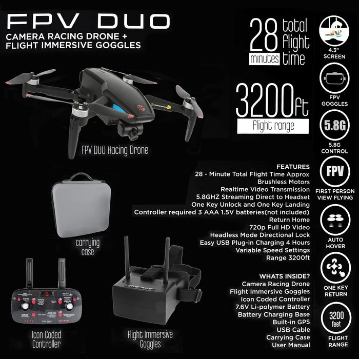 Vivitar VTI FPV Duo Camera Racing Drone with First Person Immersion Goggles
