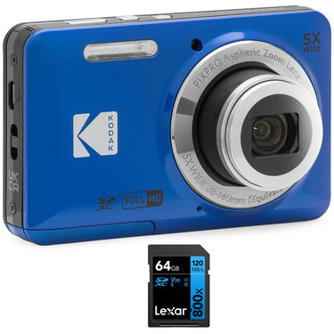 Kodak PIXPRO FZ55 Digital Camera Blue with Lexar 64GB Memory Card