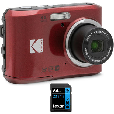 Kodak PIXPRO FZ45 16MP Digital Camera Red with Lexar 64GB Memory Card