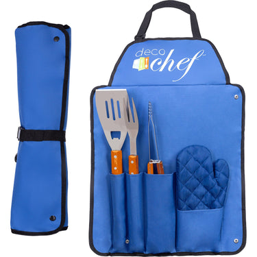 Deco Gear 3 Piece BBQ Tool Set with Custom Blue Apron, Spatula, Tongs, Fork and Oven Mitt