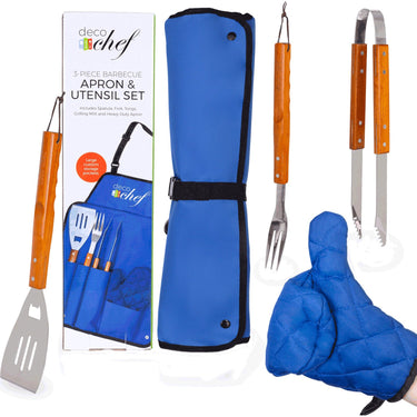 Deco Gear 3 Piece BBQ Tool Set with Custom Blue Apron, Spatula, Tongs, Fork and Oven Mitt