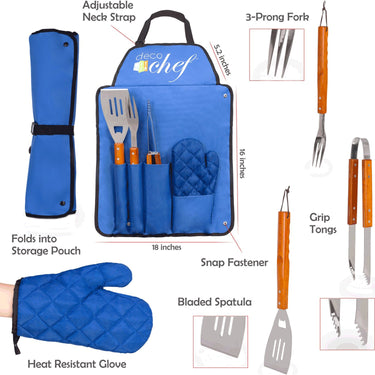 Deco Gear 3 Piece BBQ Tool Set with Custom Blue Apron, Spatula, Tongs, Fork and Oven Mitt
