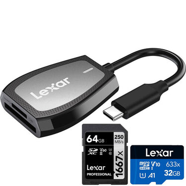 Lexar Pro USB-C Dual-Slot Reader (LRW470U-RNHNU) + 64GB Memory Bundle