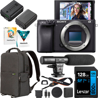 Sony a6400 Mirrorless Camera Body ILCE-6400/B + 2 Battery, Mic, 128GB & More Bundle