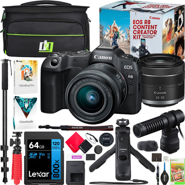 Canon EOS R8 Mirrorless Camera Content Creator Kit w/ 24-50mm IS STM Lens + Mic Bundle