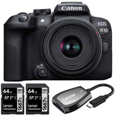 Canon EOS R10 Mirrorless Camera w/ RF-S 18-45MM Lens + 2x 64GB Card + Card Reader
