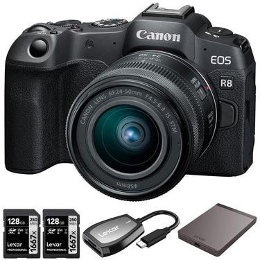 Canon EOS R8 Camera w/ 24-50mm IS STM Lens + 1TB Portable SSD + 2x 128GB Card + Reader