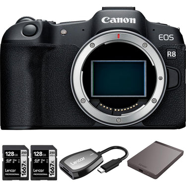 Canon EOS R8 Mirrorless Camera Body + 1TB Portable SSD + 2x 128GB Card + Reader