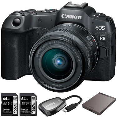 Canon EOS R8 Camera + 24-50mm IS STM Lens + 1TB Portable SSD + 2x 64GB Card + Reader