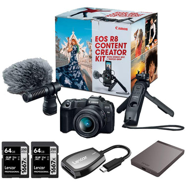 Canon EOS R8 Camera Content Creator Kit + 1TB Portable SSD + 2x 64GB Card + Reader