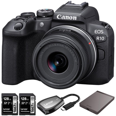 Canon EOS R10 Camera w/ 18-45MM Lens + 1TB Portable SSD + 2x 128GB Card + Reader