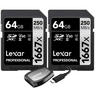 Lexar Professional 1667x 64GB SDXC UHS-II Memory Card 2-Pack + USB-C Dual-Slot Reader