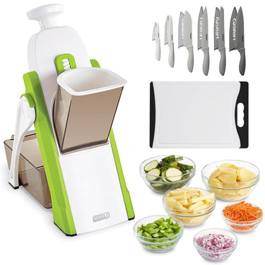 Dash Safe Slice Mandoline Slicer, Dicer, Green + Knife Set + Cutting Board Bundle