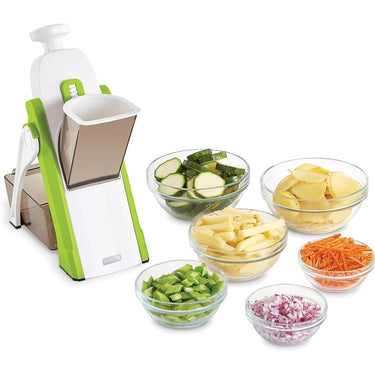 Dash Safe Slice Mandoline Slicer, Dicer, Green + Knife Set + Cutting Board Bundle