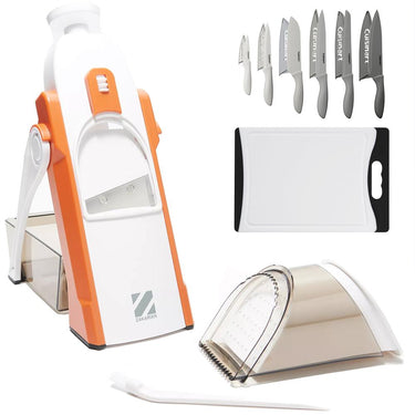 Dash Safe Slice Mandoline Slicer, Dicer, Orange + Knife Set + Cutting Board Bundle