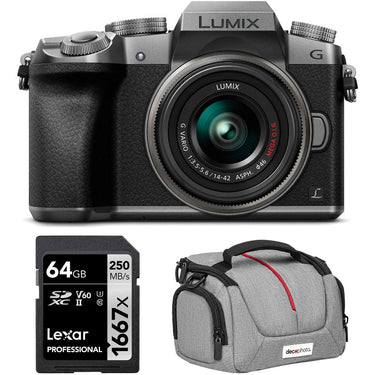 Panasonic LUMIX G7 4K UHD Silver DSLM Camera with 14-42mm Lens with 64GB Bag Bundle