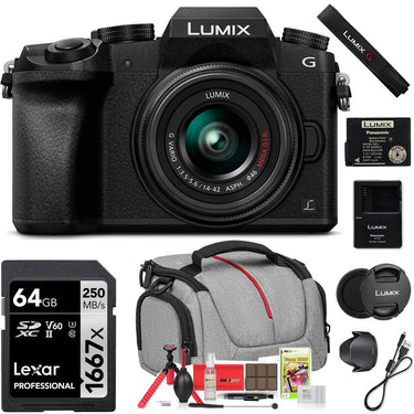 Panasonic LUMIX G7 4K UHD Black DSLM Camera with 14-42mm Lens with 64GB Bag Bundle
