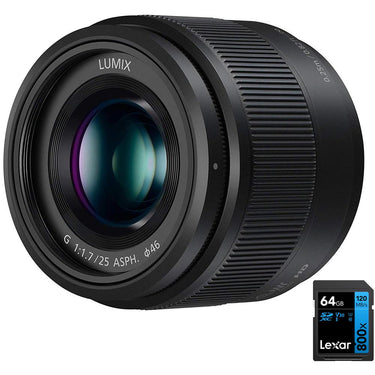 Panasonic H-H025K 25mm F1.7 LUMIX G Lens + 64GB Memory Card Bundle