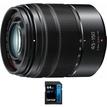Panasonic H-FS45150 LUMIX G VARIO 45-150mm Lens, Black + 64GB Memory Card Bundle