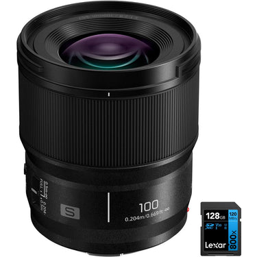 Panasonic S-E100 LUMIX S 100mm F2.8 Macro Lens + 128GB Memory Card Bundle