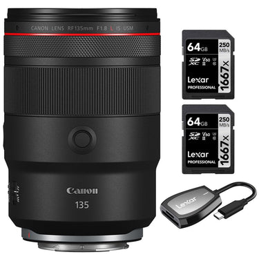 Canon RF 135 F1.8 L IS USM Medium Telephoto Zoom Lens + 2x 64GB Card & Reader Bundle