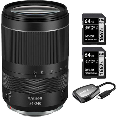Canon 3684C002 RF 24-240mm f/4-6.3 IS USM Lens + 2x 64GB Card & Reader Bundle