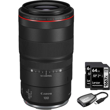 Canon RF 100mm F2.8 L MACRO IS USM Full Frame Lens for RF Cameras + 64GB Dual Bundle