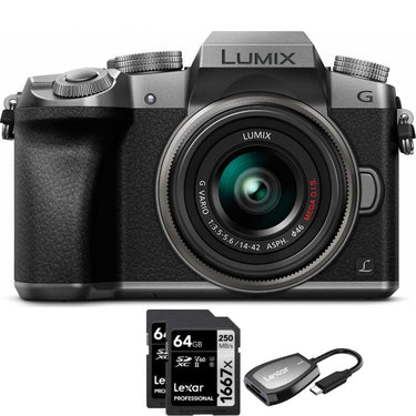 Panasonic LUMIX G7 4K UHD DSLM Camera with 14-42mm Lens Silver + 64GB Dual Bundle