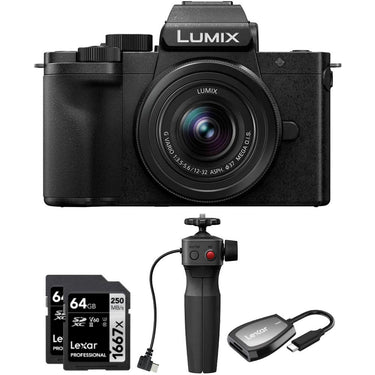 Panasonic LUMIX G100D 4K Mirrorless Camera w/ 12-32mm Lens +Tripod Grip + 64GB Dual Bundle
