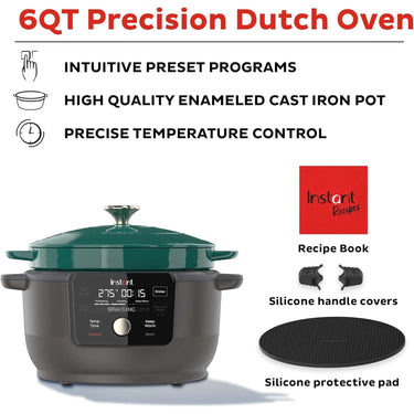 Instant Precision 6-quart Electric 5-in-1 Cast Iron Dutch Oven, Green Lid