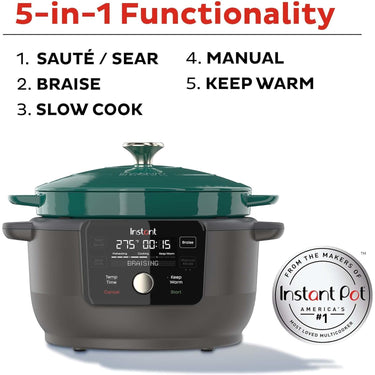 Instant Precision 6-quart Electric 5-in-1 Cast Iron Dutch Oven, Green Lid