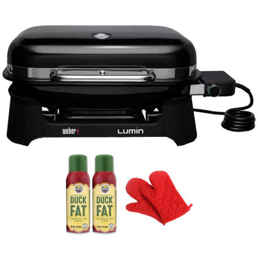 Weber Lumin Compact Indoor Outdoor Electric Grill w/ Oven Mitt + Duck Fat Oil Bundle