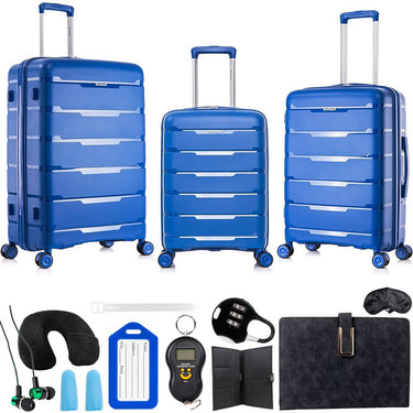 Rockland Hardside Spinner Wheeled 3Pcs Luggage Set Blue 19",23",27" + Travel Kit