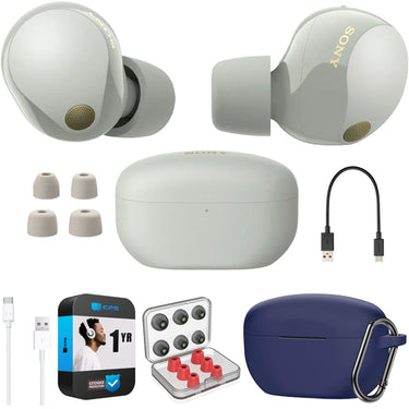 Sony Noise Canceling Truly Wireless Earbuds, Silver + Accessories + Warranty Bundle