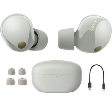 Sony Noise Canceling Truly Wireless Earbuds, Silver + Accessories + Warranty Bundle
