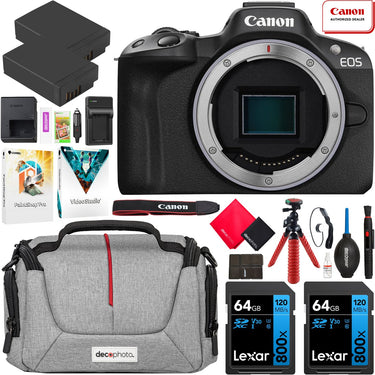 Canon EOS R50 Mirrorless Camera Body Black + 2 Battery + Bag + Accessories Bundle